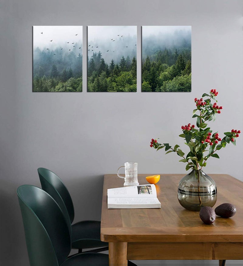 tigeridge Green Forest Wall Art Tropical Foggy Forest Mountain Bird Contemporary Canvas Pictures Modern Artwork Framed for Bathroom Bedroom Nursery Living Room Home Office Kitchen Wall Decor 12" x 16" 3 Pieces - Image 4